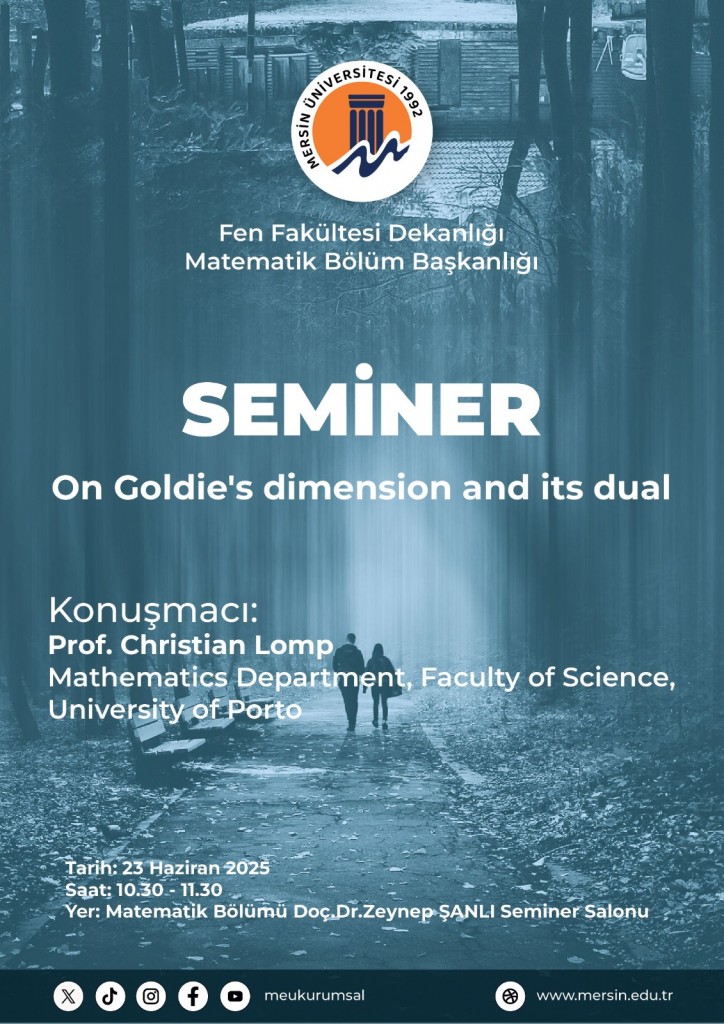 Bölümümüzde Porto Üniversitesi Fen Fakültesi Matematik Bölümü Öğretim Üyesi Olan Prof. Dr. Christian Lomp " On Goldie's Dimension And Its Dual" Başlıklı Seminer Vermiştir. detayı için tıklayınız